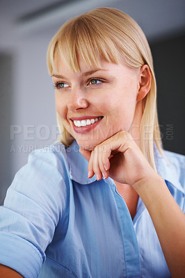 Buy stock photo Businesswoman, thinking or idea with hand on chin, corporate career or vision with positive wellness in job. Young person, pensive and smile with thought and start up consultant for entrepreneurs