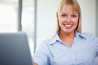 Buy stock photo Portrait, smile and happy woman in office with laptop, market research or online website review. Businesswoman at desk with technology, professional career and administration job at startup agency.