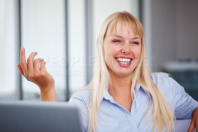 Buy stock photo Laptop, happy and business woman in office laughing for working online, reading website and planning. Corporate, professional and worker on computer for internet excited for job, career and work