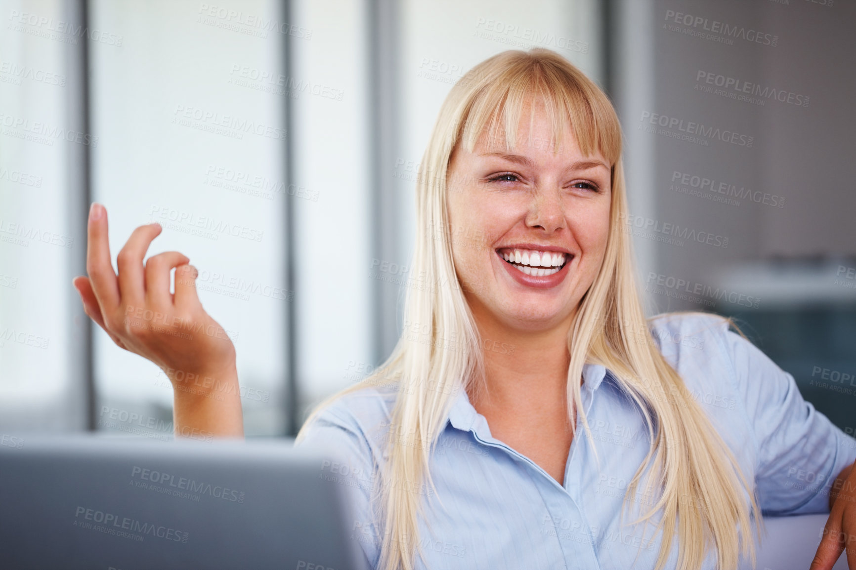 Buy stock photo Laptop, happy and business woman in office laughing for working online, reading website and planning. Corporate, professional and worker on computer for internet excited for job, career and work