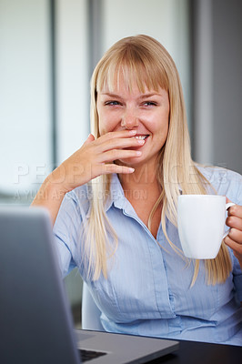 Buy stock photo Portrait, coffee and happy woman in office with laptop, market research or online website review. Businesswoman at desk with drink in cup, professional admin career and laughing at startup agency.