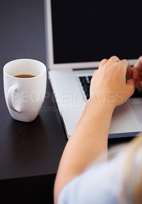 Buy stock photo Hand, coffee or entrepreneur with laptop, desk and corporate career with technology and remote work in office. Person, professional and touchscreen with keyboard and company consultant for start up