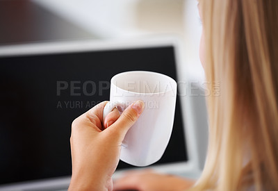 Buy stock photo Rear view, woman and coffee with laptop and screen for research, planning and business project in office. Entrepreneur, person and cup for tea, espresso or cappuccino with technology at workplace