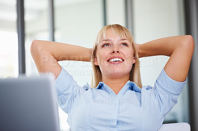 Buy stock photo Businesswoman, relax and laptop by desk with corporate career and technology for remote work in office. Person, calm and positive by computer in health wellness and mindfulness in start up company