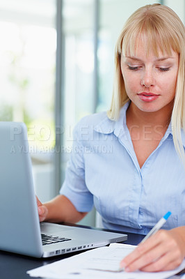 Buy stock photo Laptop, writing and business woman with notes in office for working online, website and planning. Corporate, ideas and worker with computer, books and documents for project, networking and agenda