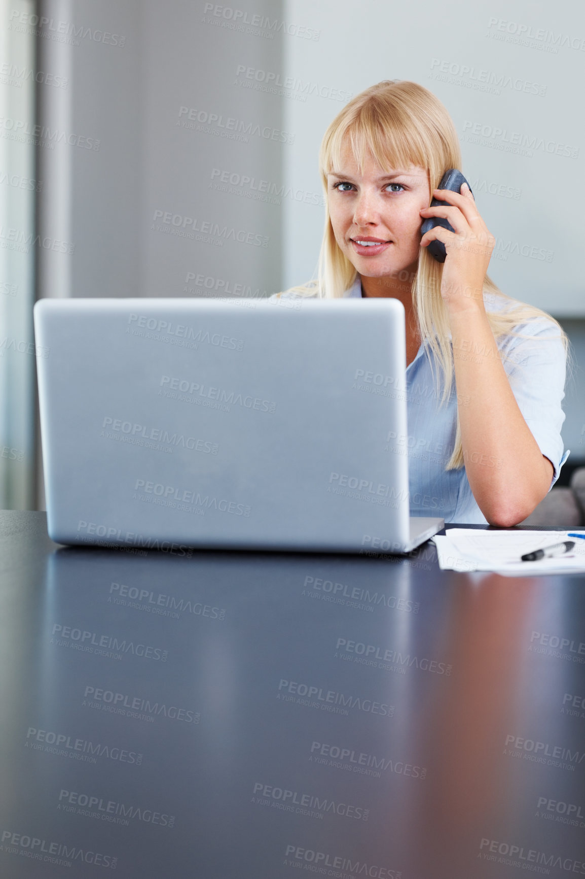 Buy stock photo Phone call, business and woman with laptop, portrait and connection with communication, network and internet. Person, employee and entrepreneur with a pc, cellphone and digital app with website info