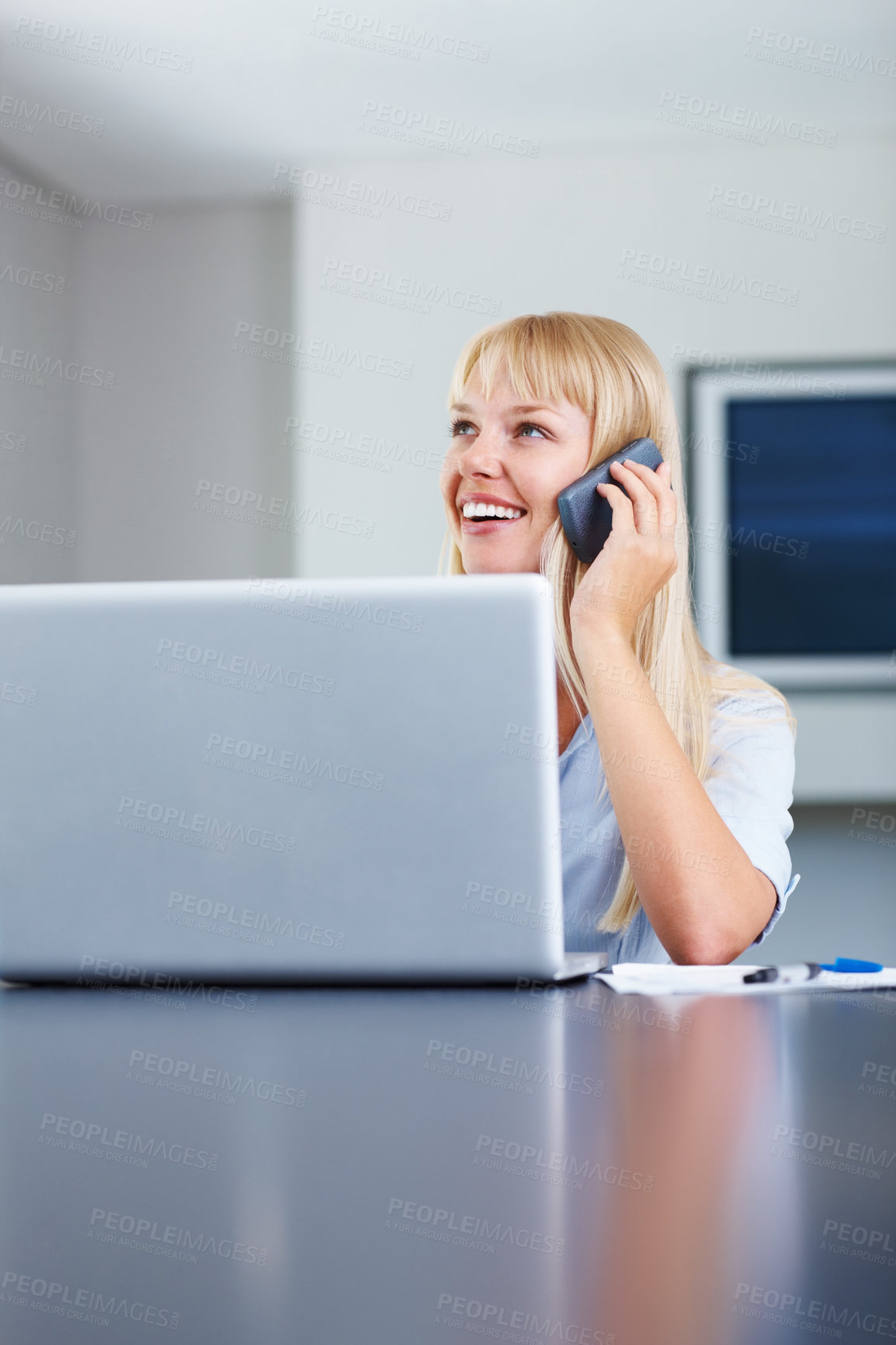 Buy stock photo Happy woman, phone call and smile with laptop in home for conversation, consultation or talk. Entrepreneur, remote work and mobile by result, report or feedback by cellular, network or connection