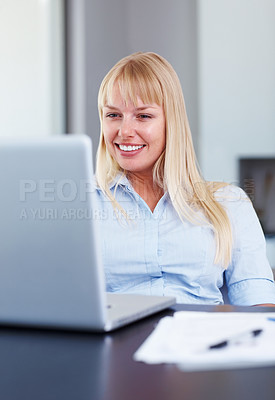 Buy stock photo Laptop, happy and business woman in office for working online, reading website and planning. Corporate, professional and worker smile on computer for internet project, networking and typing email