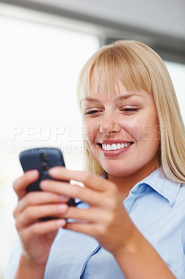 Buy stock photo Business, woman and phone with typing or smile for text message, networking or internet chat in office. Entrepreneur, person and smartphone or happy with texting, communication and email at workplace