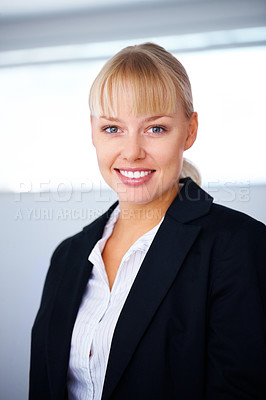 Buy stock photo Portrait, smile and business woman in office, workplace or corporate company in Switzerland. Happy face, confident professional female agent and young entrepreneur, blonde worker and employee in suit