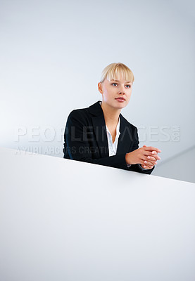 Buy stock photo Management, vision and thinking with a business woman on the balcony inside an office for planning. Corporate, idea and a confident young manager in the workplace for professional company growth