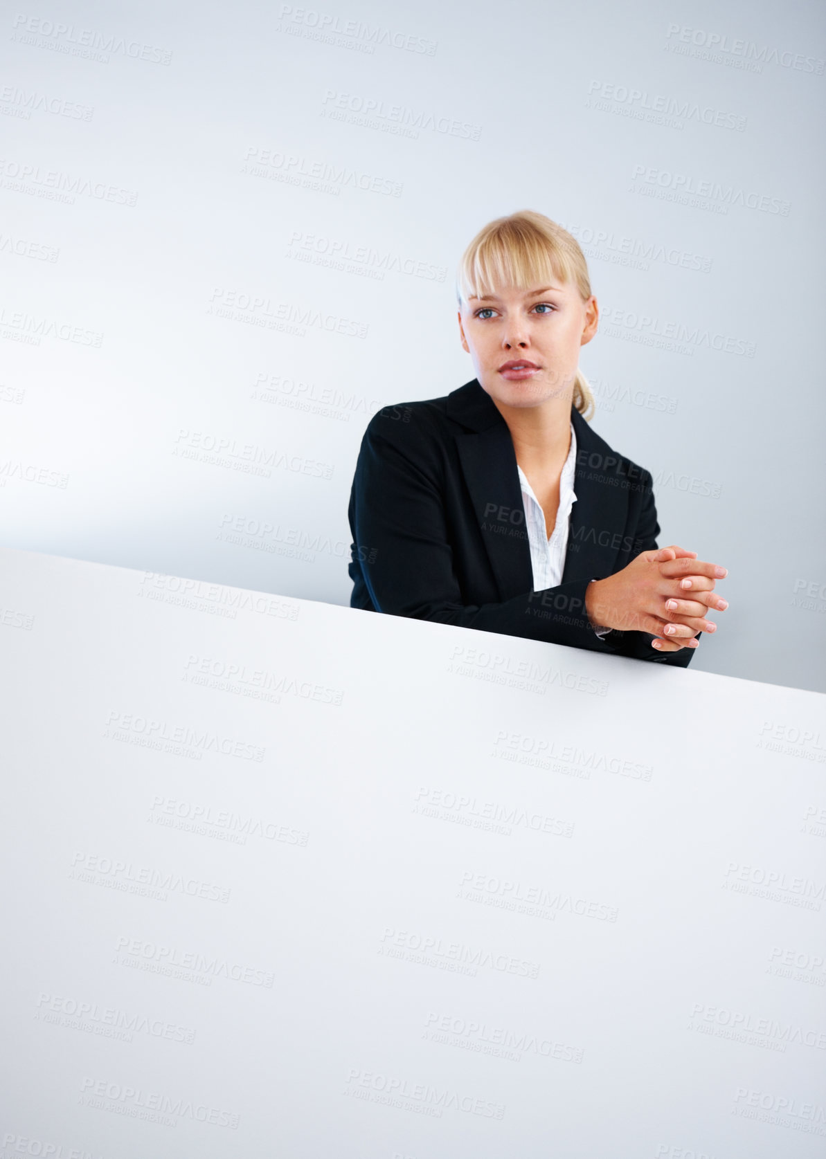 Buy stock photo Management, idea and thinking with a business woman on the balcony inside an office for planning. Corporate, vision and a confident young manager in the workplace for professional company growth