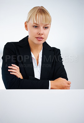 Buy stock photo Management, vision and thinking with a corporate woman on the balcony inside an office for planning. Business, idea and a confident young manager in the workplace for professional company growth