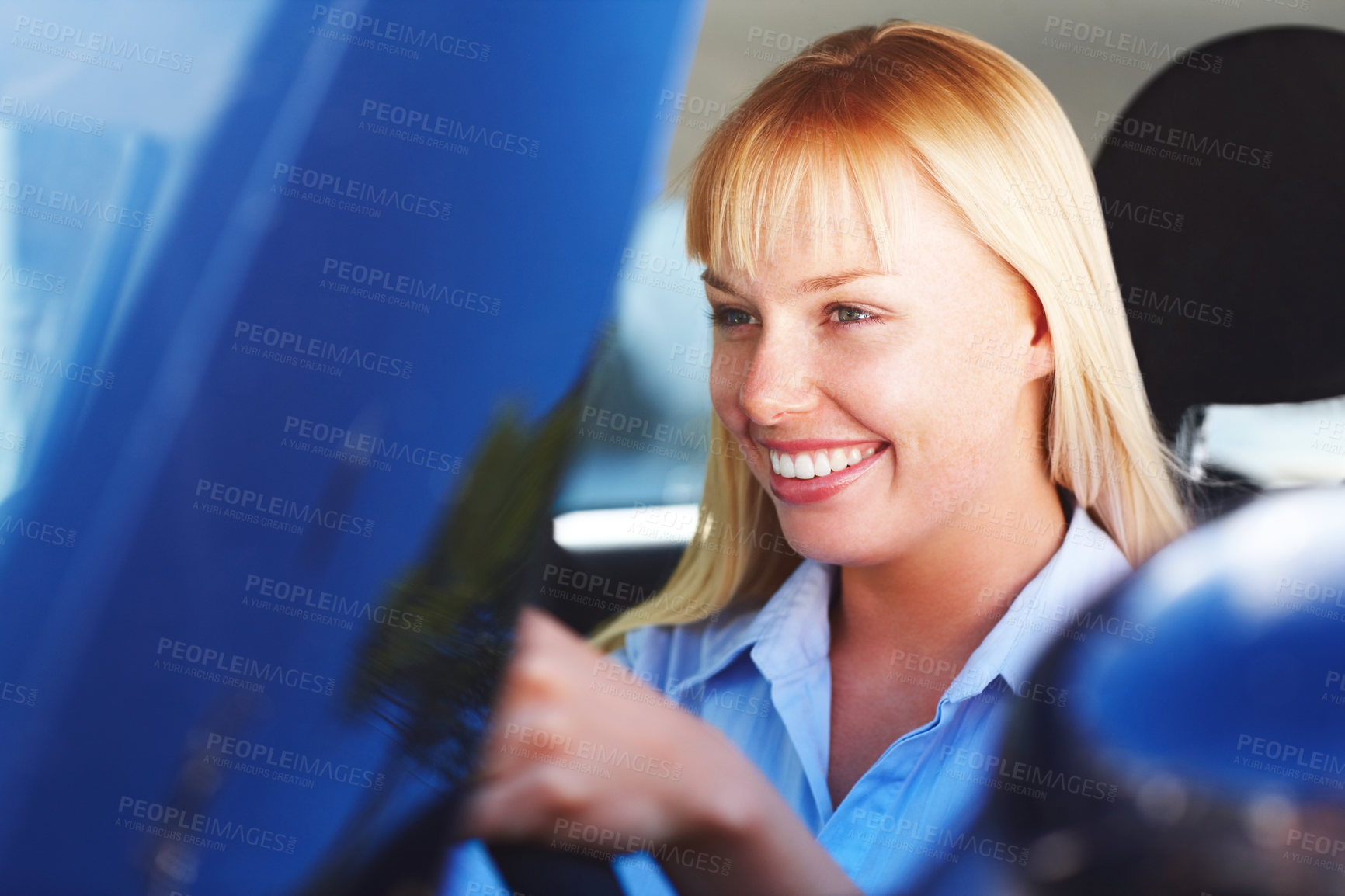 Buy stock photo Smile, happy woman and driving car for road trip with journey, solo holiday or license test for parking. Excited, auto transport and female driver by window for weekend travel adventure and vacation