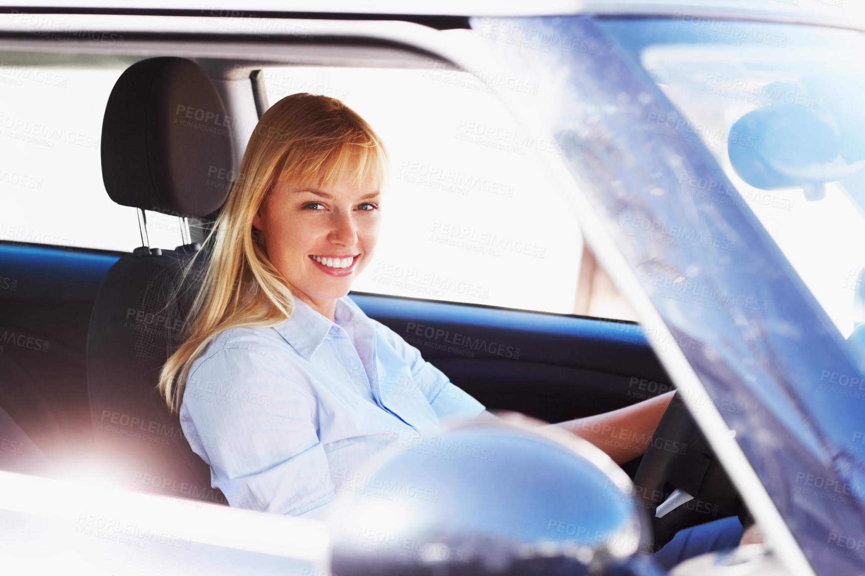 Buy stock photo Driver, woman and happy in portrait on car for travel or tour in summer, road trip and relax with adventure. Female person, vehicle and smile on journey for holiday or vacation and destination