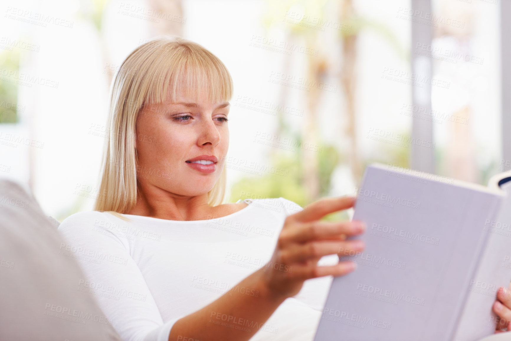 Buy stock photo Portrait of university student reading book at home