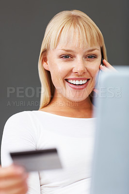 Buy stock photo Portrait, student and woman with laptop, credit card at home in paying for subscription or online course. Female person, banking for e learning and development in education for college or university