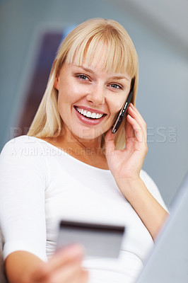 Buy stock photo Portrait, woman and laptop with credit card, payment on call for subscription or app as student. Female person, banking in ecommerce and online shopping for education, course in college or university