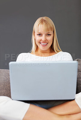 Buy stock photo Portrait, woman and laptop with studying, research in home for development or online course as student. Female person, excited and e learning with application for education in college or university