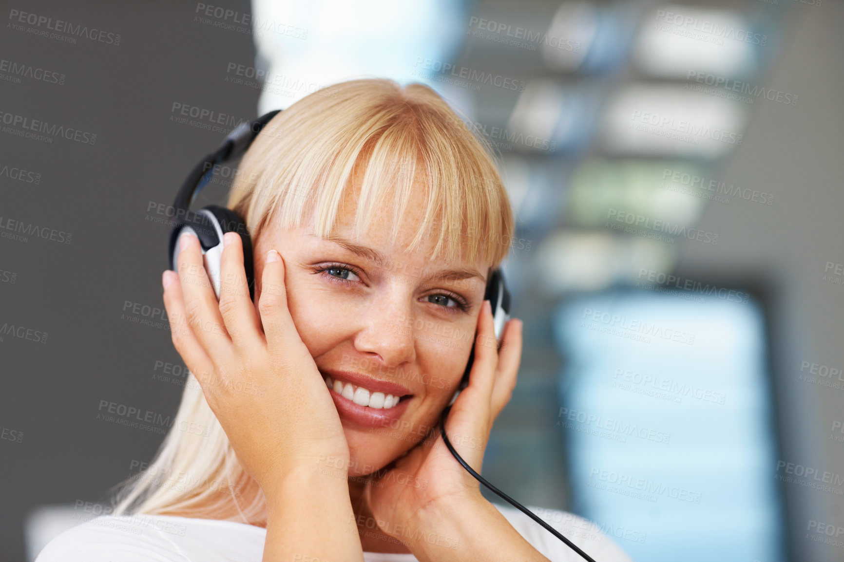 Buy stock photo Headphones, music and portrait with woman on sofa in living room of home to relax for weekend time off. Radio, streaming and smile with happy person listening to audio playlist or sound in apartment