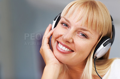 Buy stock photo Headphones, music and smile with portrait of woman in living room of home to relax for weekend time off. Radio, streaming and wellness with happy person listening to audio playlist in apartment