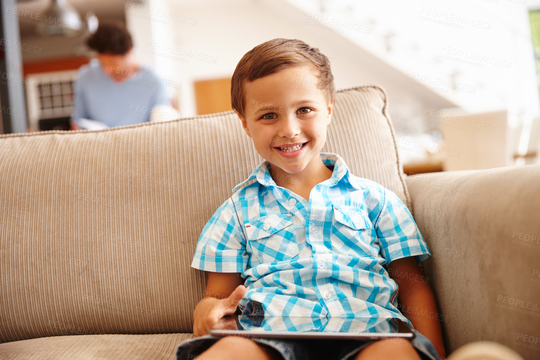 Buy stock photo Portrait, smile and tablet with boy on sofa in living room of home for education or gaming. App, child development and learning with happy kid in apartment for future, growth or video game streaming