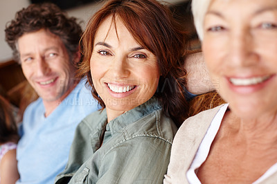 Buy stock photo Portrait of a mature woman sitting between her husband and mother