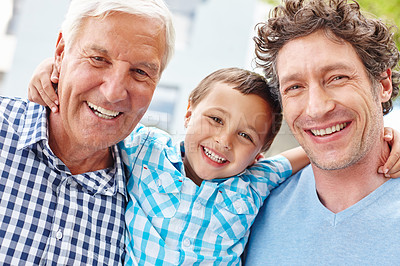 Buy stock photo Portrait of a little boy with his father and grandfather