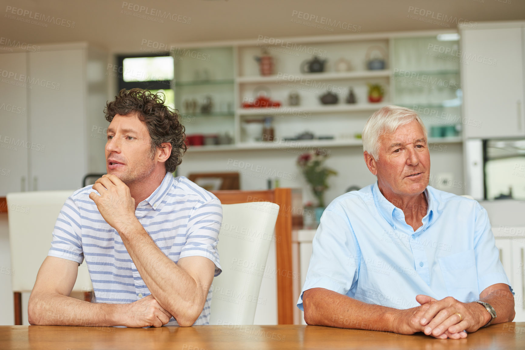 Buy stock photo Senior father, man and ignore for conflict, relationship problem and disagreement in family home. Elderly dad, son and crisis with argument in house, fight and thinking with parent for mistake