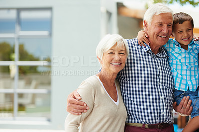 Buy stock photo Portrait of a senior couple and their grandson
