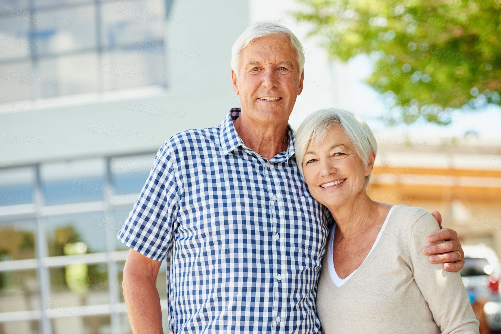 Buy stock photo Portrait, happy or old couple with outdoor hug by new home, real estate or retirement investment. Property purchase, support or senior people smile for relocation, embrace or love for future together