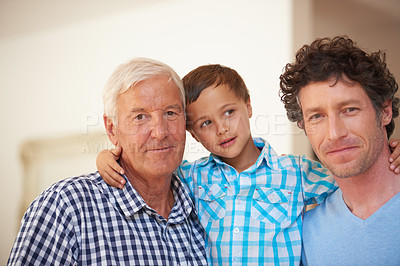 Buy stock photo Portrait of a little boy with his father and grandfather