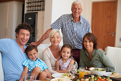 Buy stock photo Portrait of a multi-generational family having lunch together at home