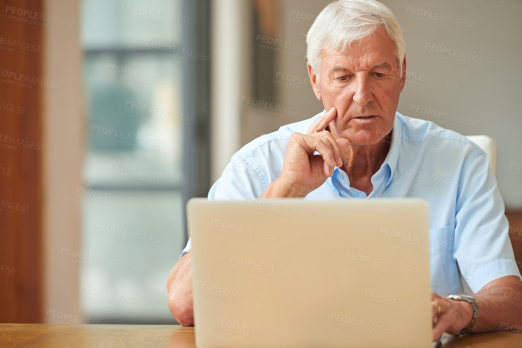 Buy stock photo Thinking, space or old man in home with laptop, savings check or investment choice in retirement plan. Digital, reading or mature person in house with tech, account or loan decision in pension fund.