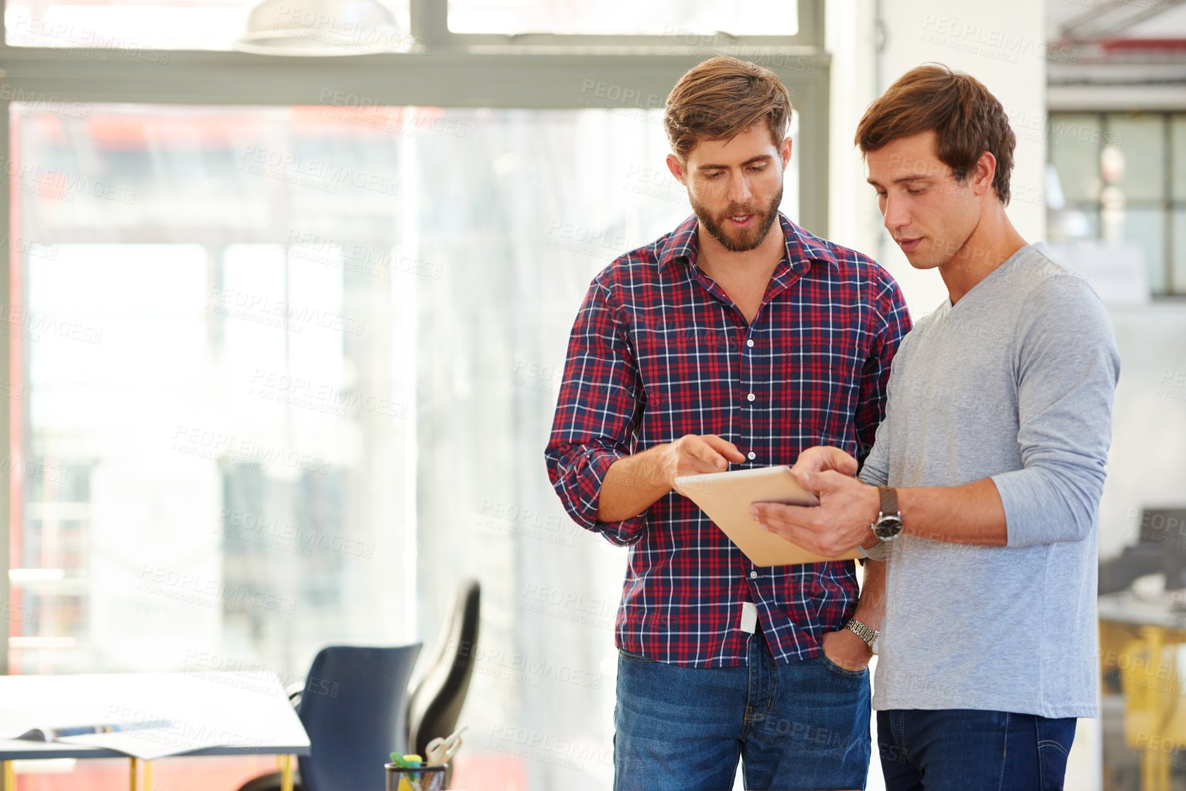 Buy stock photo Business people, tablet and feedback with meeting for update, report and interior designer project. Teamwork, creative advice and discussion with technology for employee, partnership and deadline