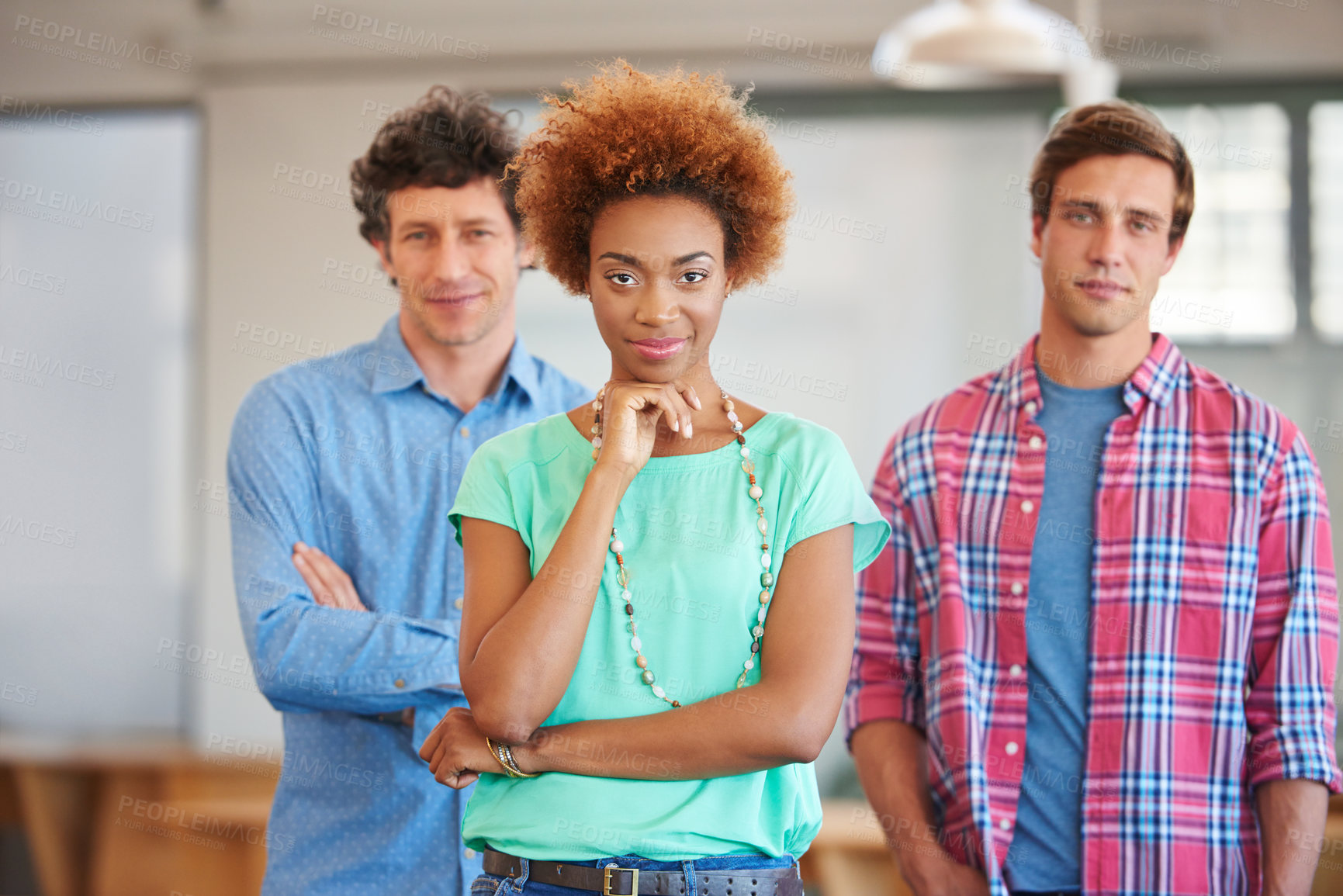 Buy stock photo Cropped portrait of three businesspeople standing in the office