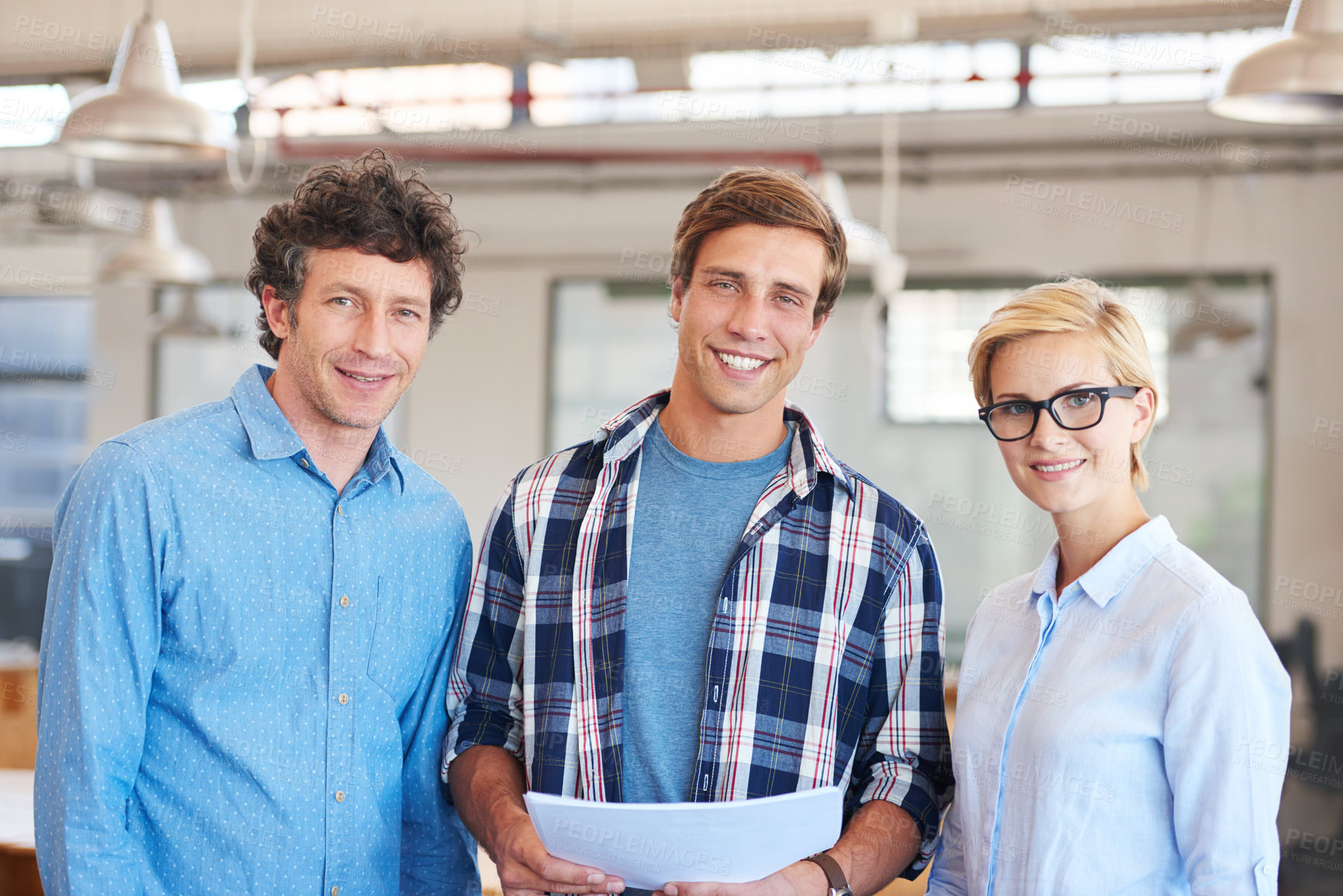 Buy stock photo Cropped portrait of three businesspeople standing in the office