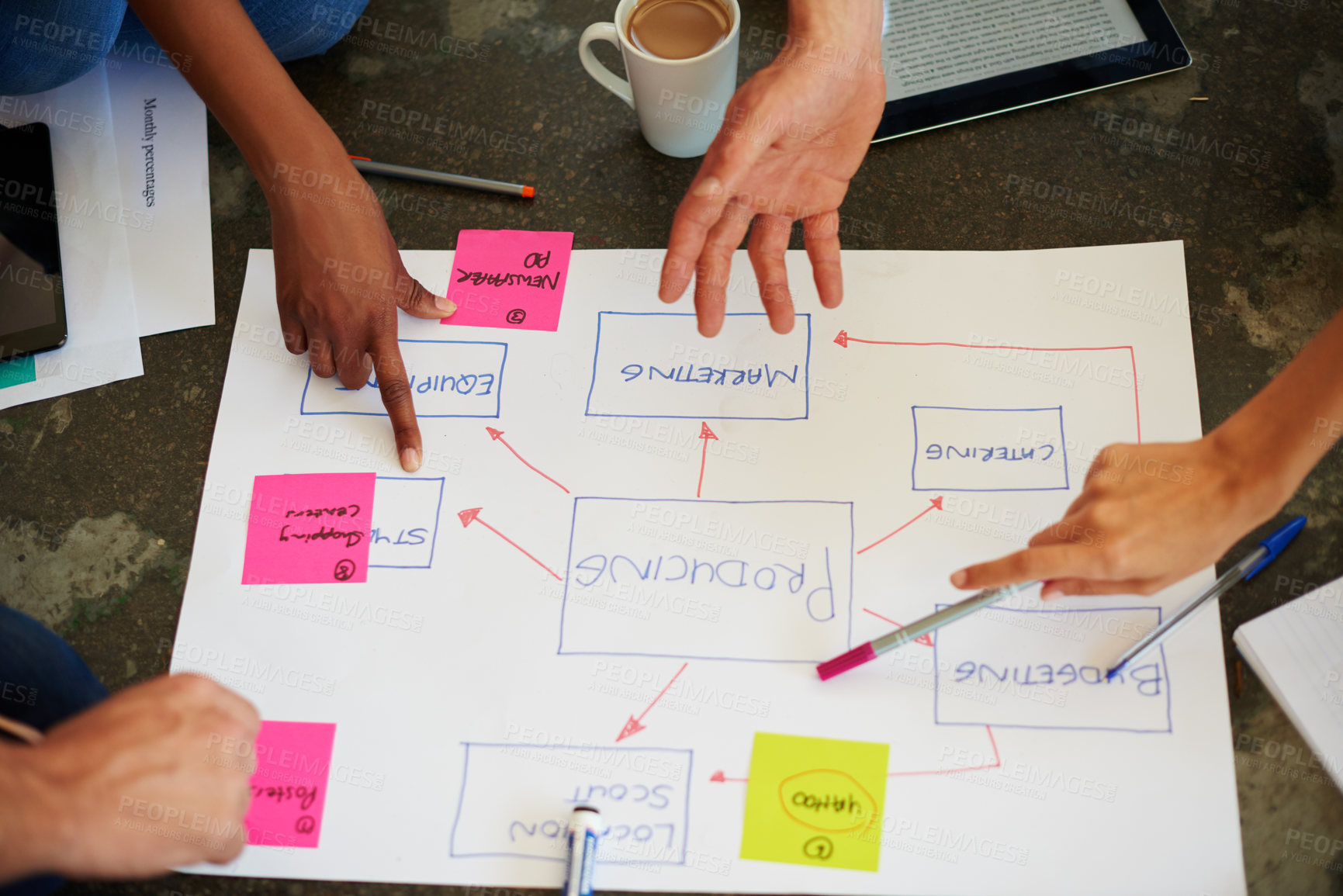 Buy stock photo Shot of a group of businesspeople brainstorming around a placard