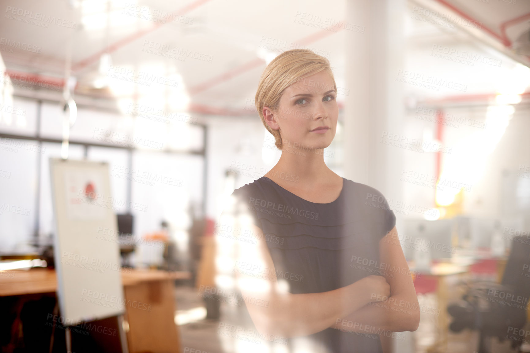 Buy stock photo Business woman, portrait or planning with confidence for creative brainstorming in office. Female person, employee or designer with arms crossed or glass board for project agenda, task or development