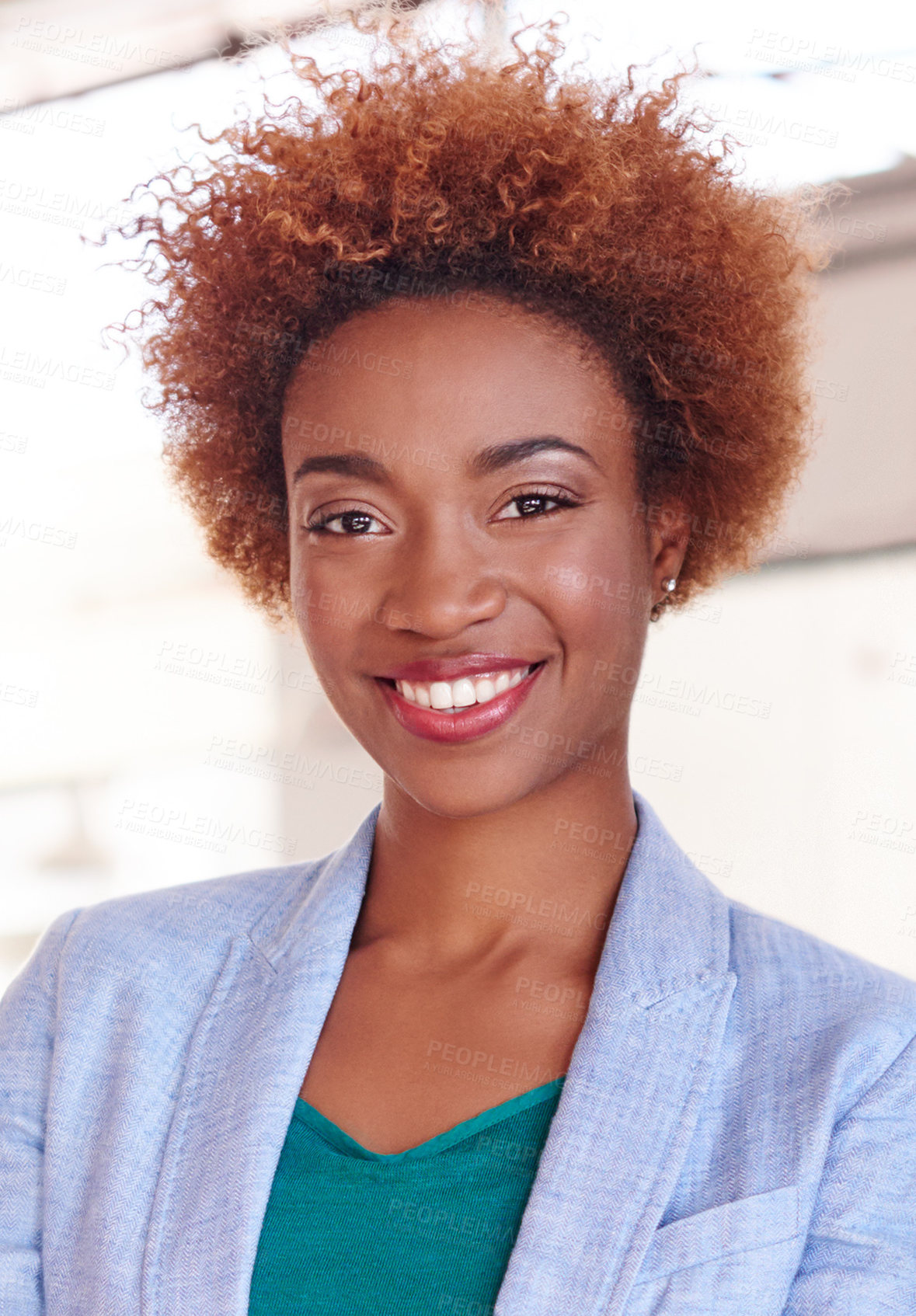 Buy stock photo Happy, portrait and black woman with business ambition in fashion for corporate attire in office. Female person, entrepreneur or smile with afro, confidence or style for job or career development