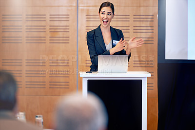 Buy stock photo Happy woman, laptop and business presentation with projector in meeting, discussion or seminar at conference. Young female person, employee or speaker talking on podium to group in corporate workshop
