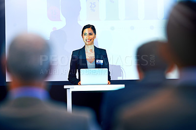 Buy stock photo Business woman, smile and presentation with projector screen, conference or workshop with laptop for slideshow. Corporate training, seminar and speaker with info, audience and professional speech