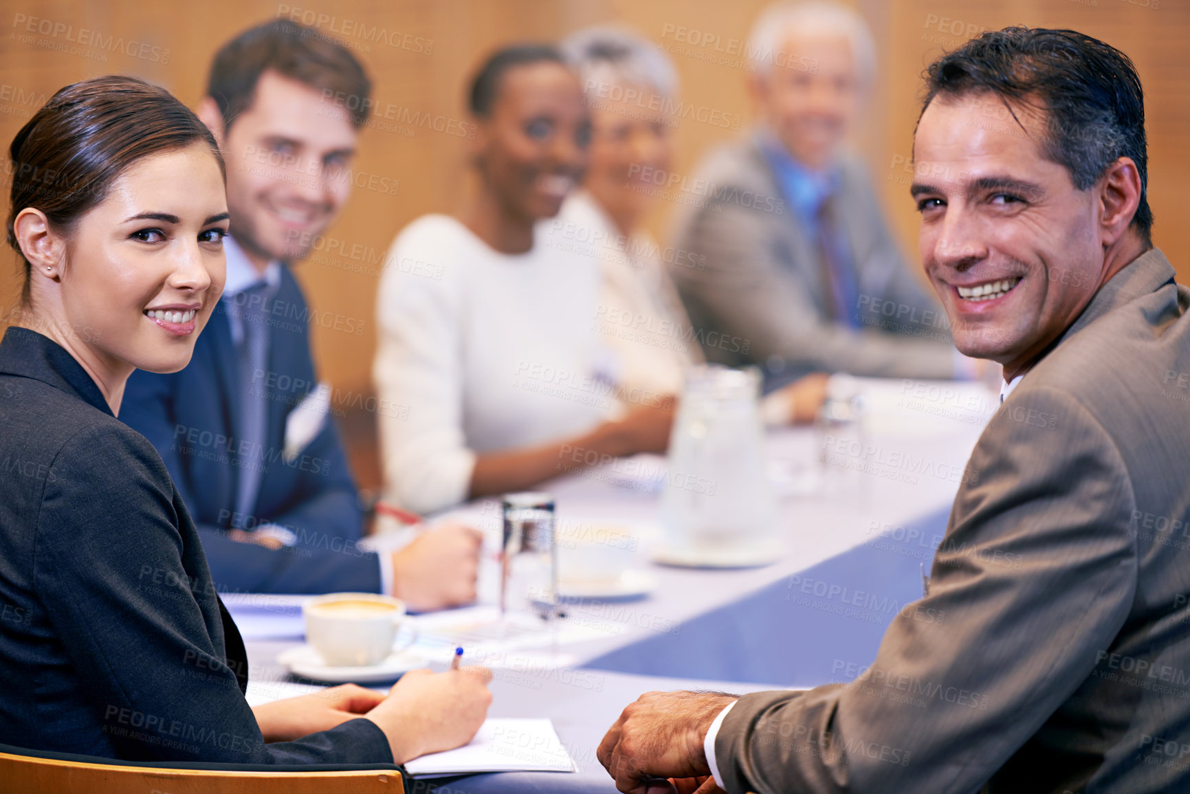 Buy stock photo Happy, business people and portrait with team in boardroom, meeting or discussion at the office. Group of corporate employees with smile for conference, planning or collaboration at the workplace