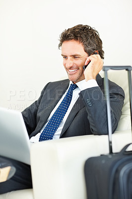 Buy stock photo Phone call, laptop and man with mobile in airport for business trip, communication or schedule. Lobby, luggage and male person in armchair for online booking, travel service or international flight