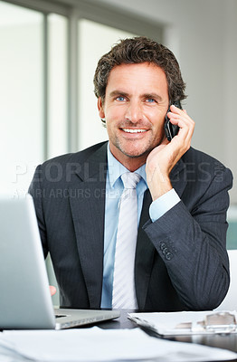 Buy stock photo Portrait, phone call and laptop with businessman for discussion, survey and research questionnaire in office. Cellphone, contact us and communication with CRM manager, smile and service solution