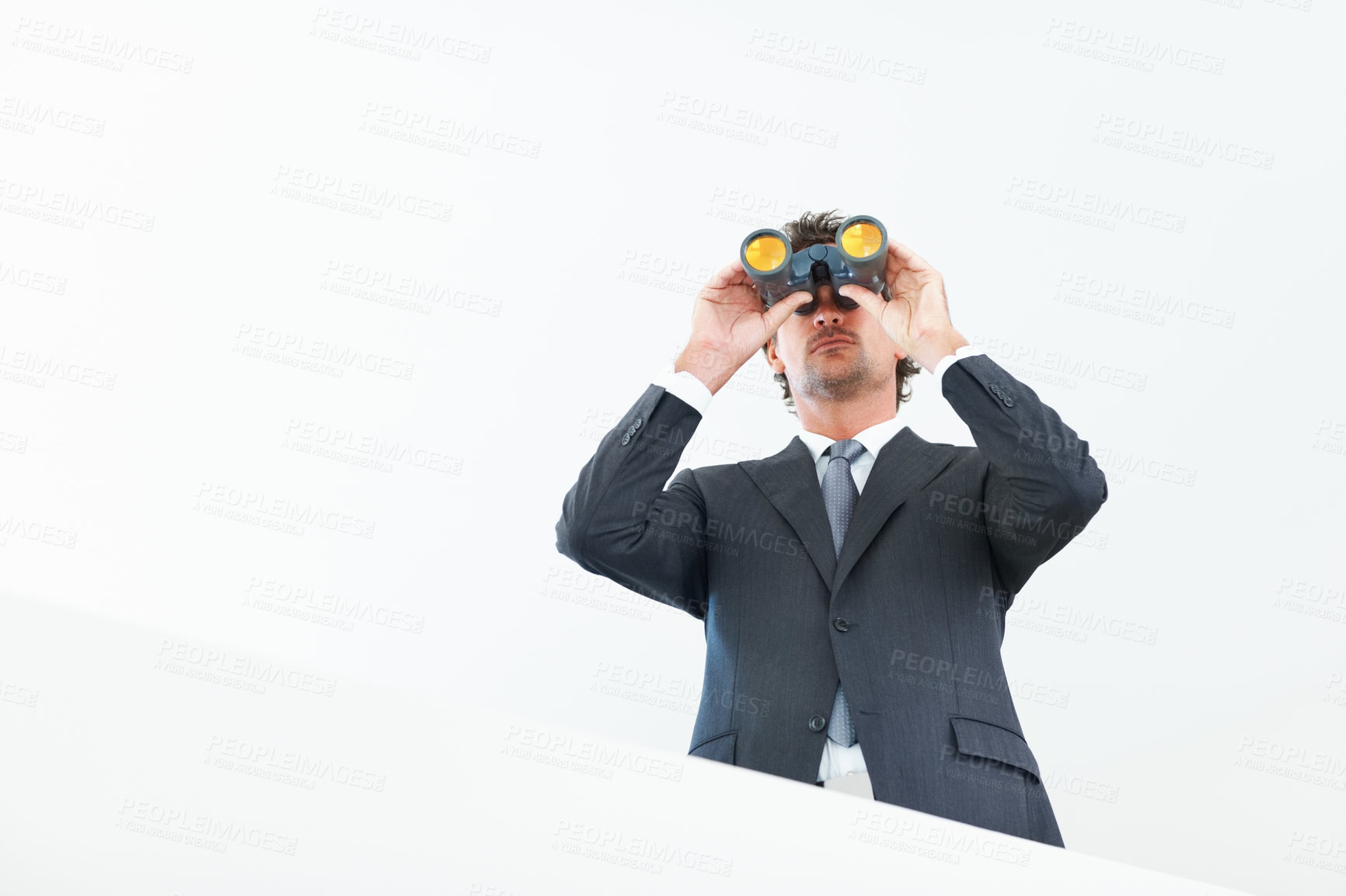 Buy stock photo Business, binocular and man with ideas, search and innovation with mockup space, vision and future growth. Person, employee and entrepreneur with inspiration, guidance and research for competition