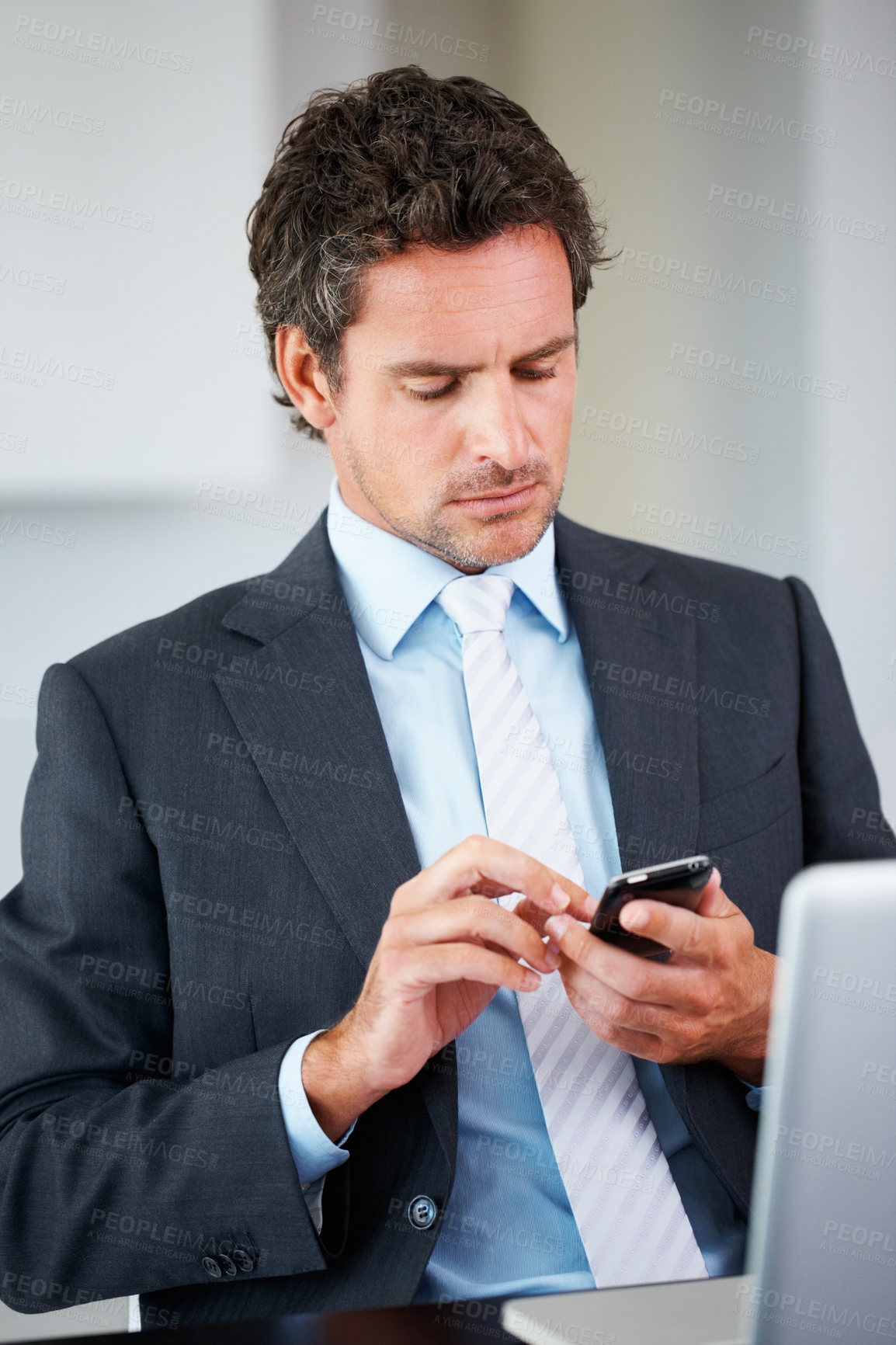 Buy stock photo Business man, computer and reading phone for planning, research and email communication at law firm. Lawyer, attorney or legal worker typing or scroll on mobile app for FAQ, contact and information