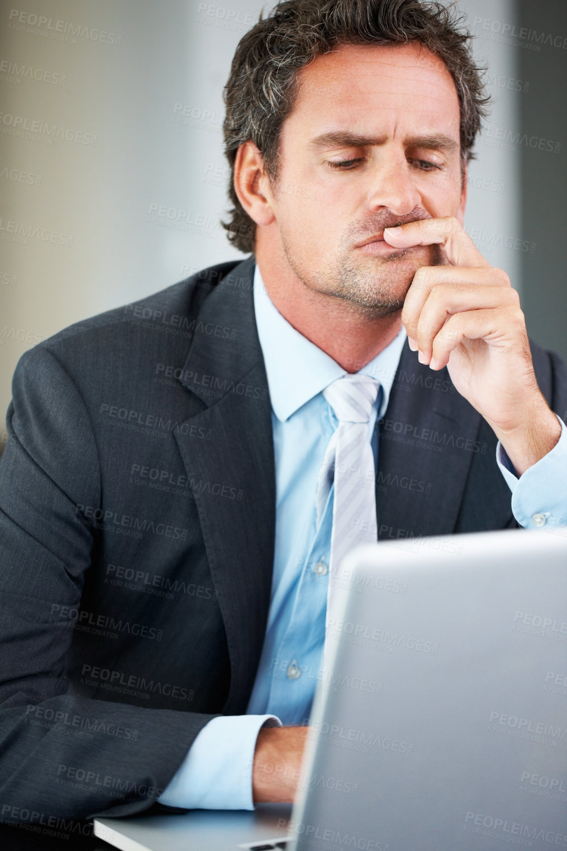 Buy stock photo Business man, thinking and decision on laptop for corporate investment, risk or stock market research in office. Confused corporate worker, trader or investor reading on computer with doubt or worry