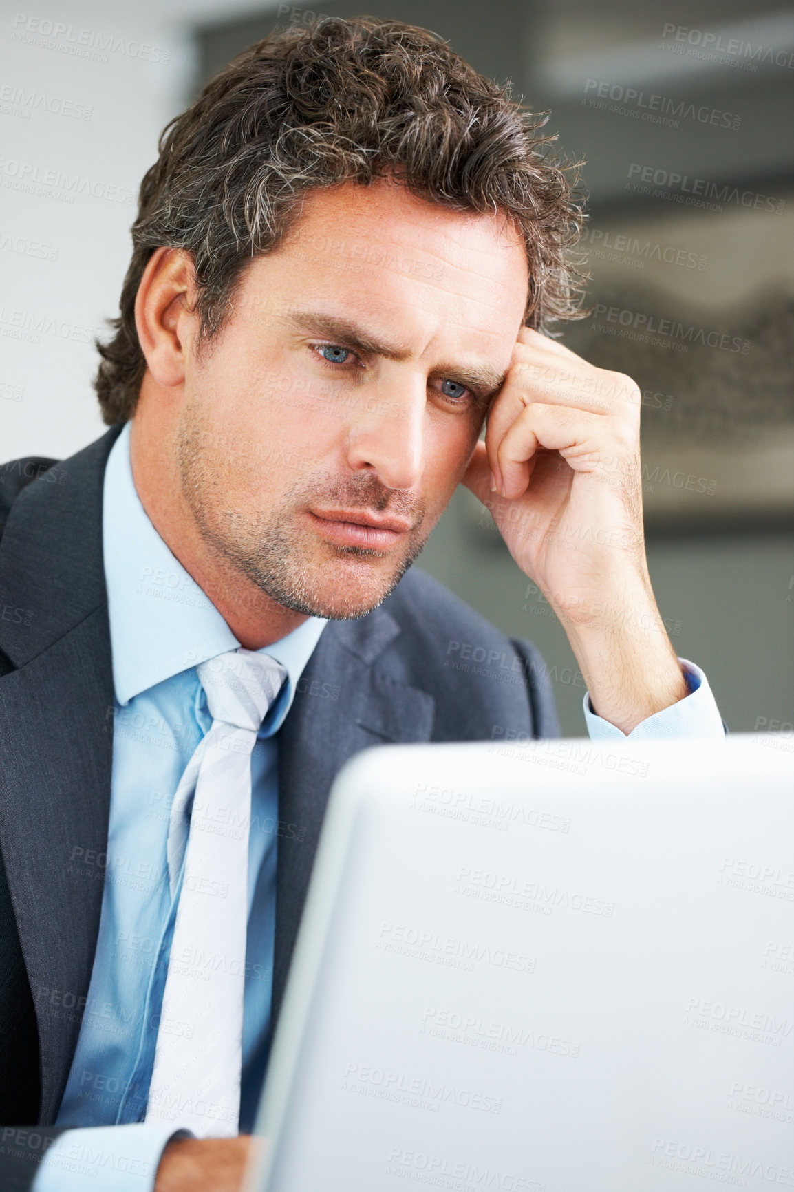 Buy stock photo Business man, thinking and decision on computer for corporate investment, risk or stock market research in office. Confused worker, trader or investor reading on laptop with doubt or worry in trading