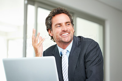 Buy stock photo Thinking, businessman and smile for laptop in studio, auditor and increase of stock market for trader. Inspiration, ideas and happiness of employee, computer and investment for corporate and online